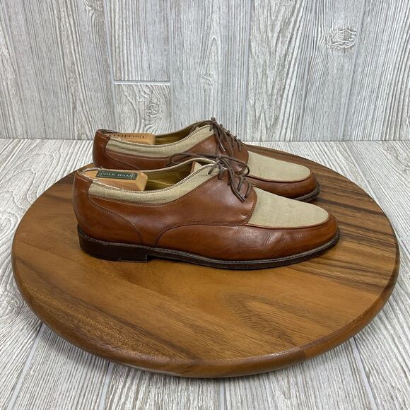 Bragano Cole Haan Oxford Dress Shoes Men’s 9.5D Brown Leather Beige Canvas Made